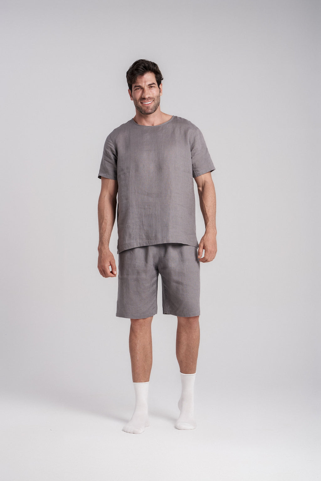 Gray linen short-sleeve sleep set with crew neck top and straight knee shorts