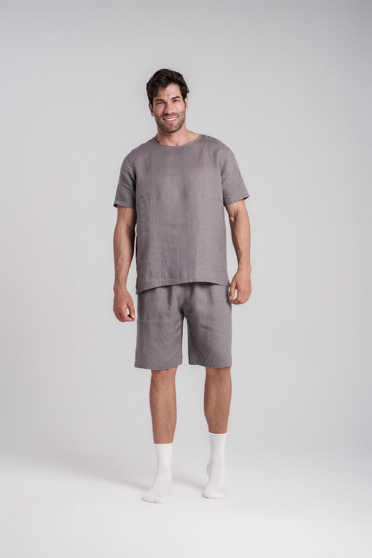 Gray linen short-sleeve sleep set with crew neck top and straight knee shorts