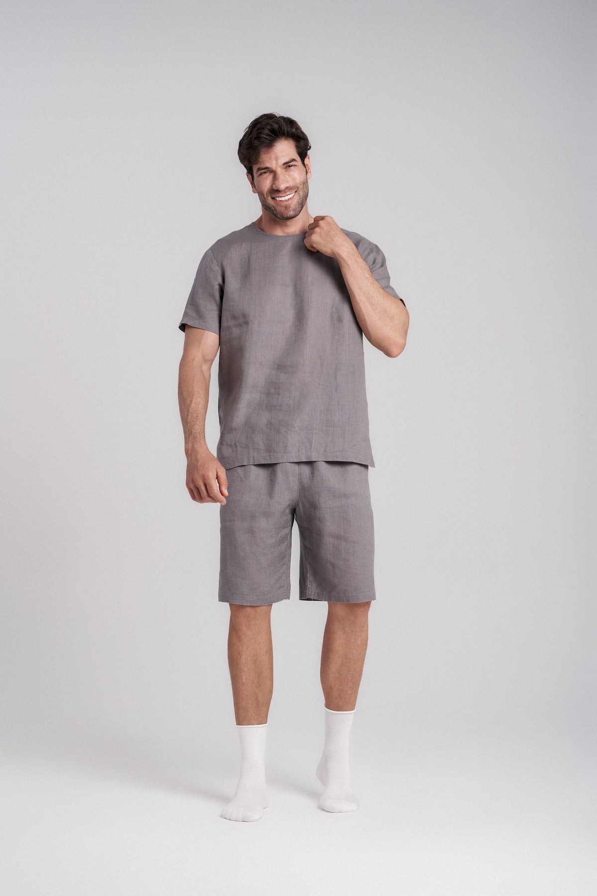 Gray linen short-sleeve sleep set with crew neck top and elastic-waist shorts