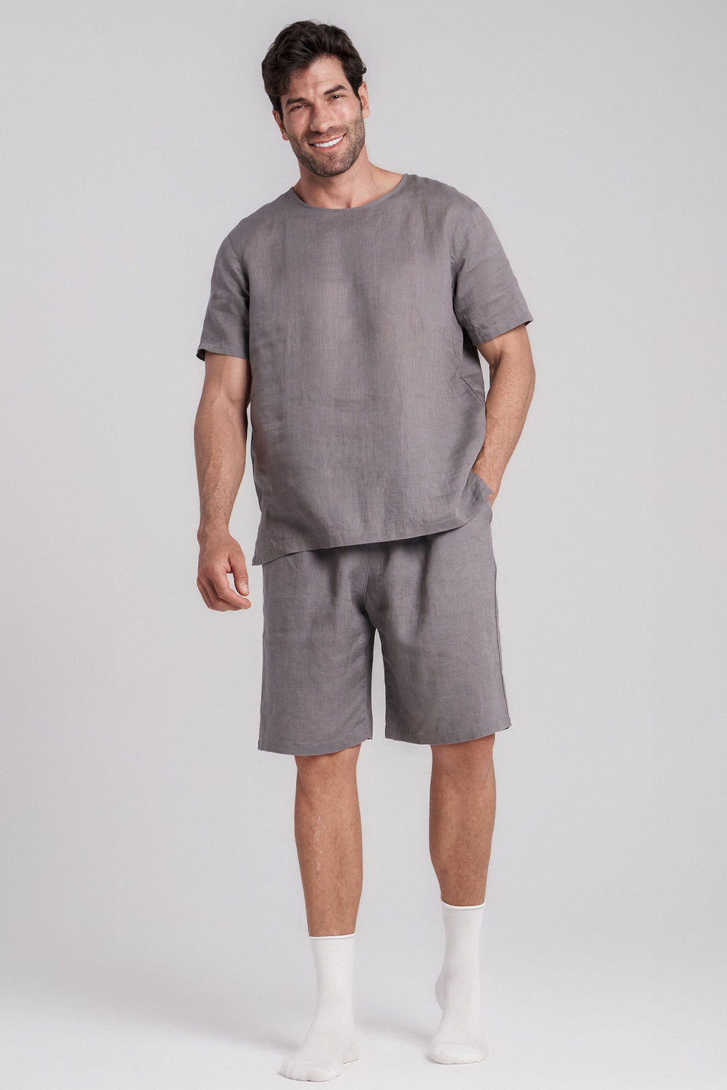 Gray linen short-sleeve sleep set with crew neck top and knee-length shorts
