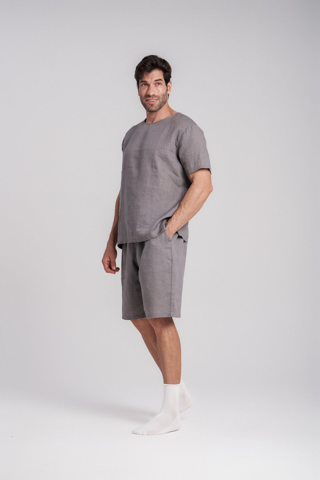 Gray linen short-sleeve sleep set with crew neck top and knee-length shorts