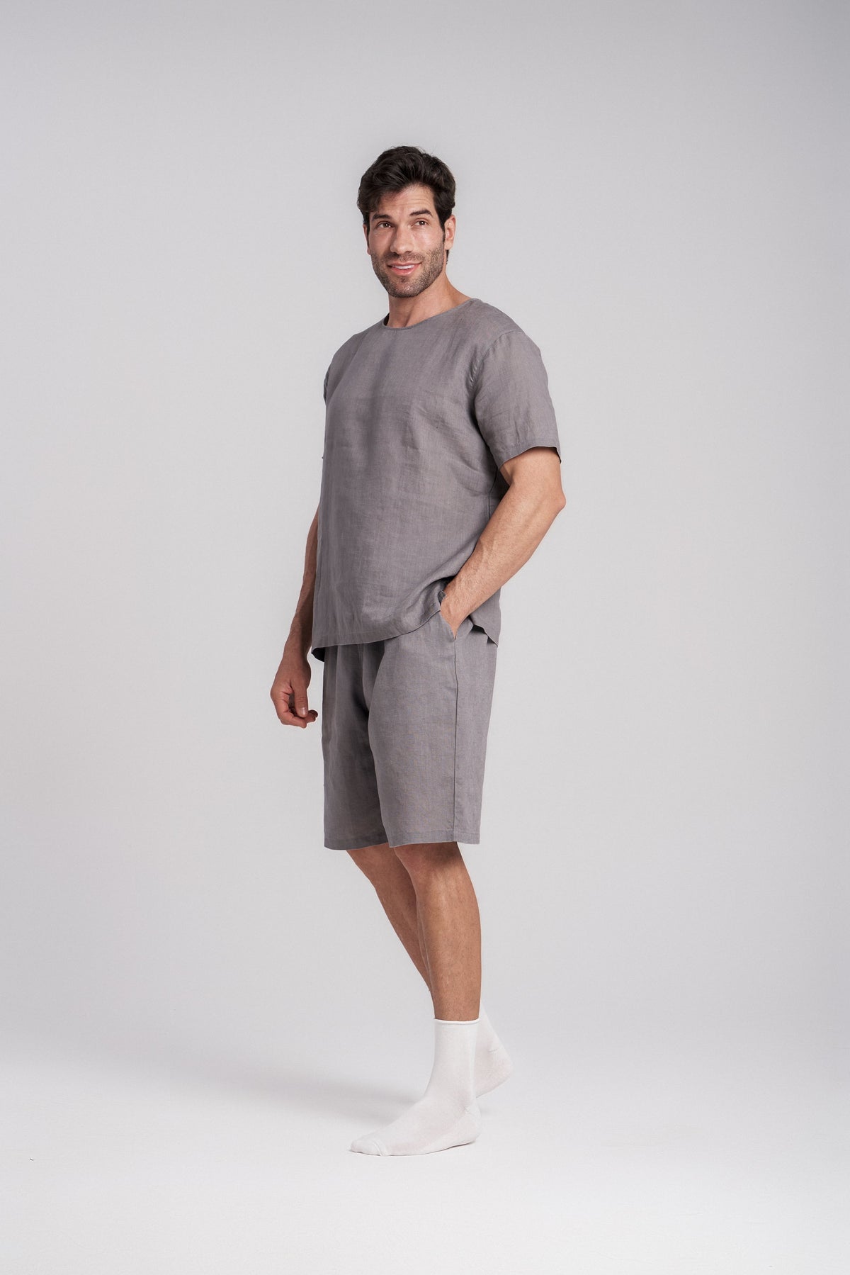 Gray linen short-sleeve sleep set with crew neck top and knee-length shorts