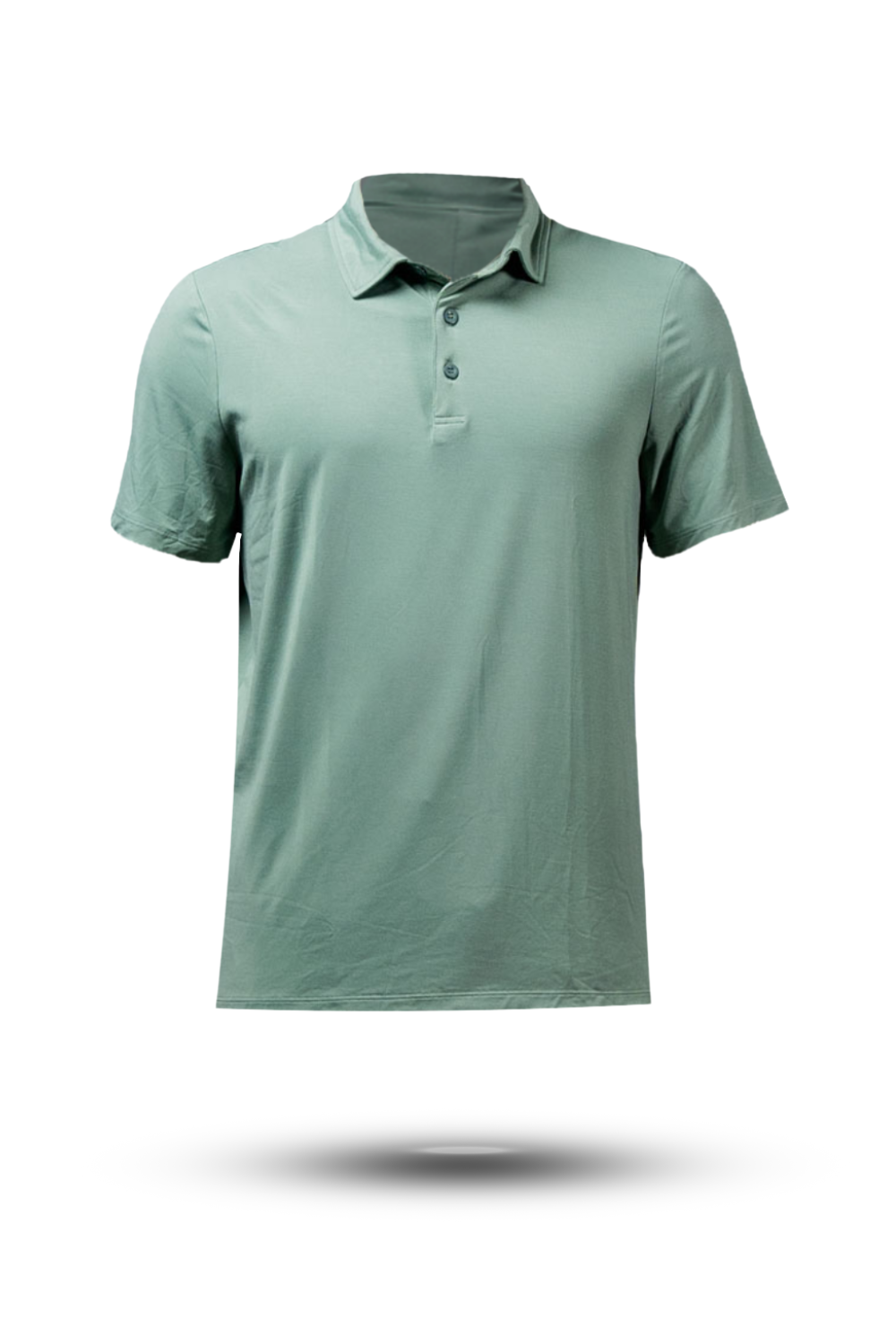 Men's recovery polo shirt in low-light olive, short sleeves, buttoned placket, collar.