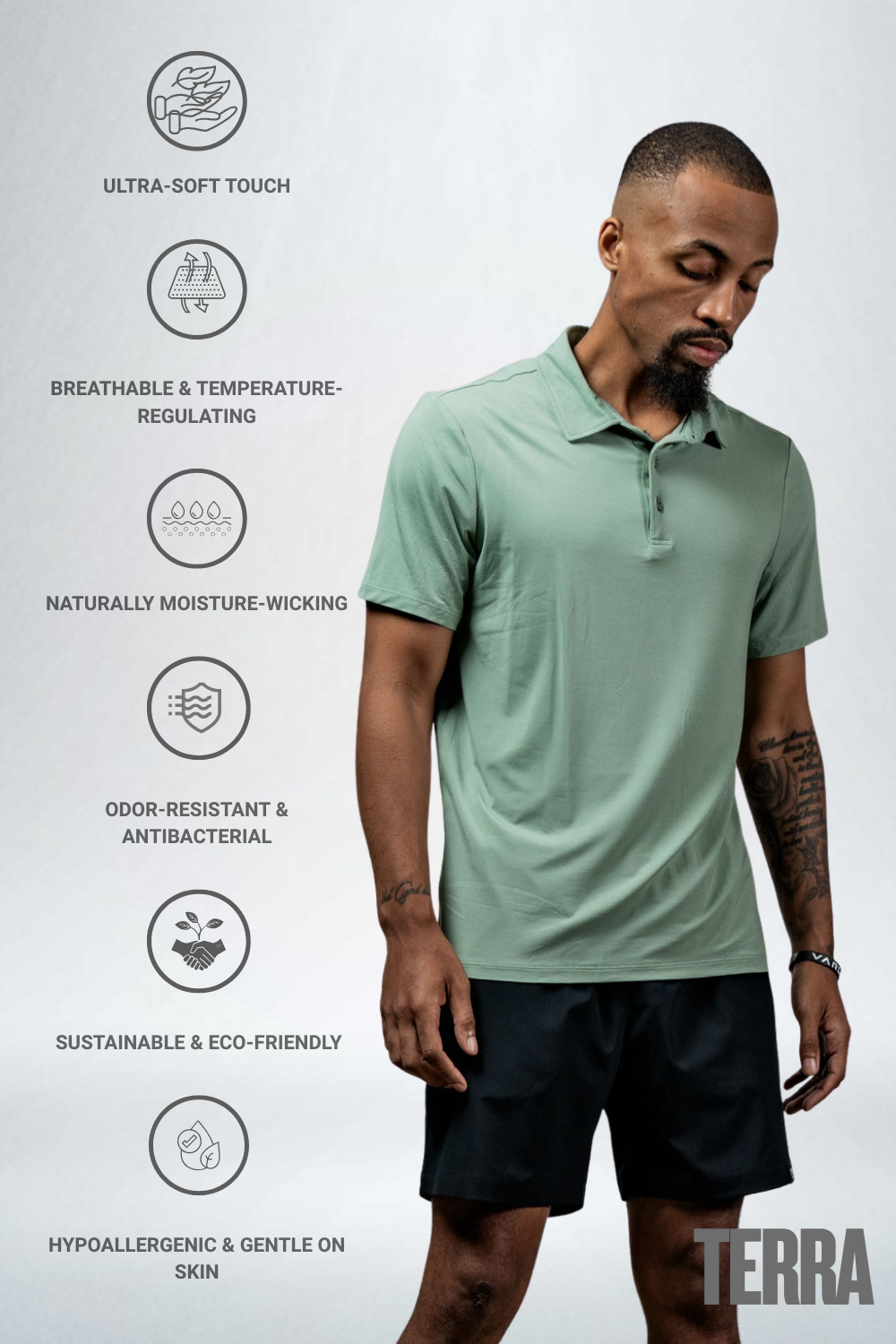 Men's polo shirt in low-light olive with three-button placket and short sleeves.