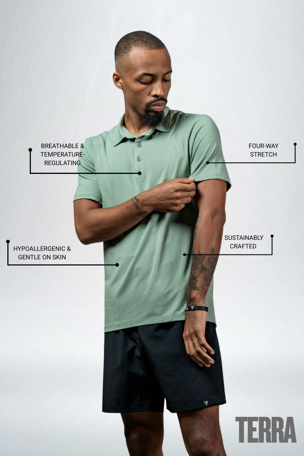 Men's low-light olive polo shirt, short sleeves, button placket and folded collar.