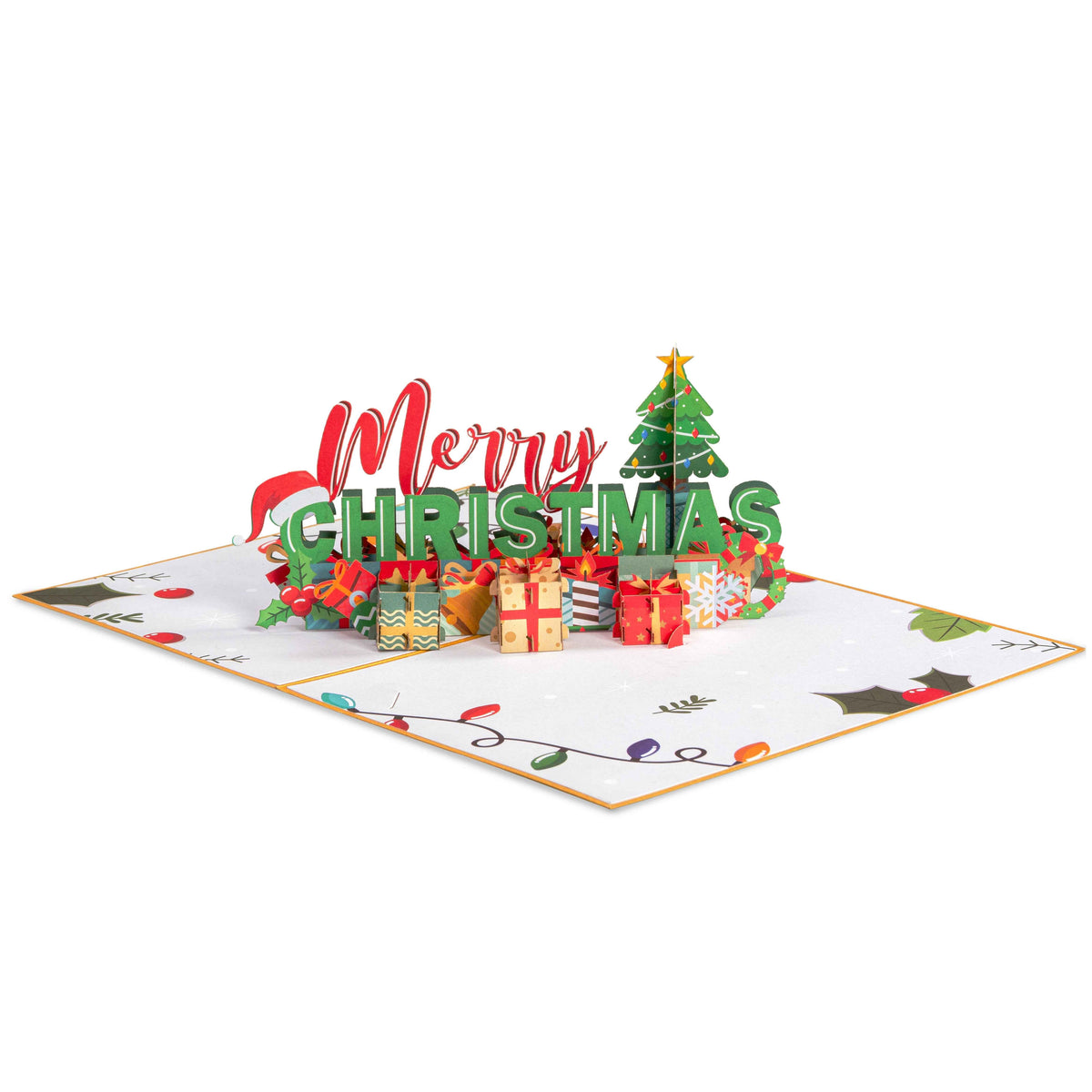 Opened Merry Christmas pop-up card with tree, gift boxes, and festive decorations