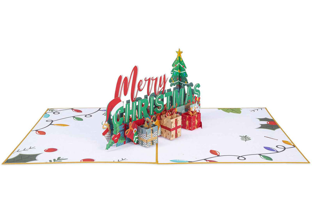 Opened Merry Christmas pop-up card showing tree and gift boxes in 3D