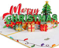 Merry Christmas pop-up card with colorful tree, gift boxes, and ornaments