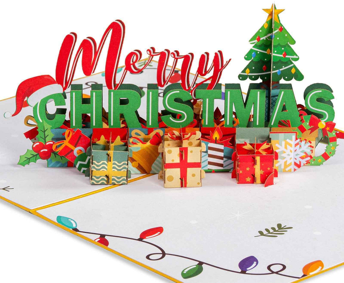 Merry Christmas pop-up card with colorful tree, gift boxes, and ornaments
