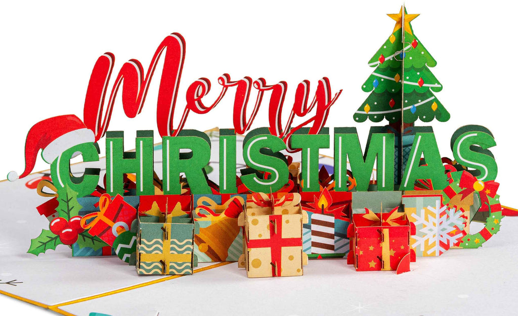 Merry Christmas pop-up card with green tree and stacked wrapped gift boxes