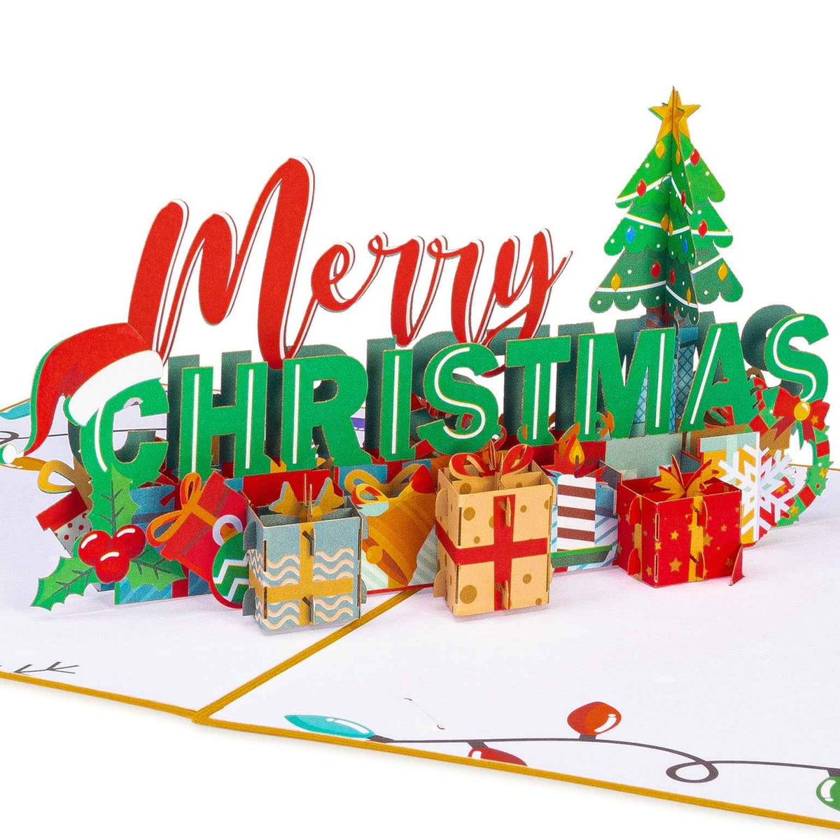 Merry Christmas pop-up card with 3D tree and wrapped gift boxes