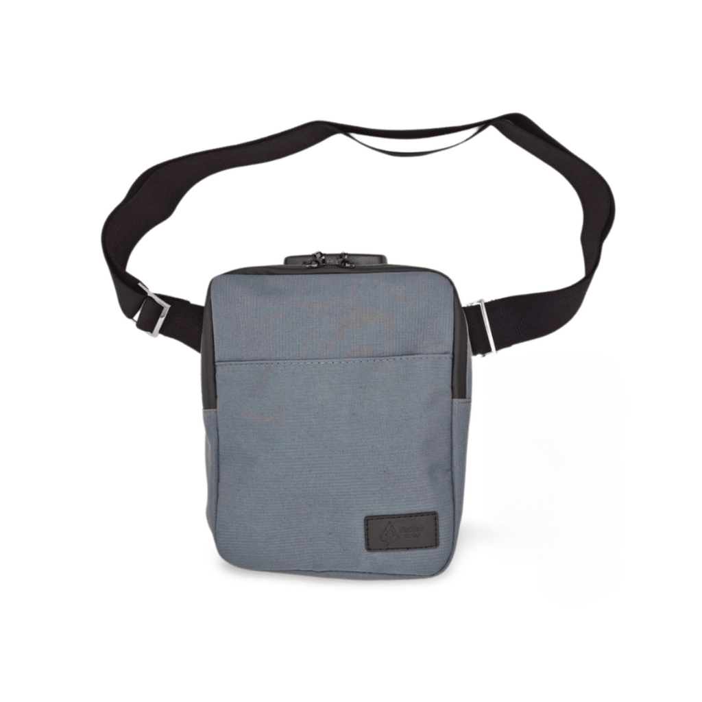 Gray messenger bag with adjustable crossbody strap and front flap pocket