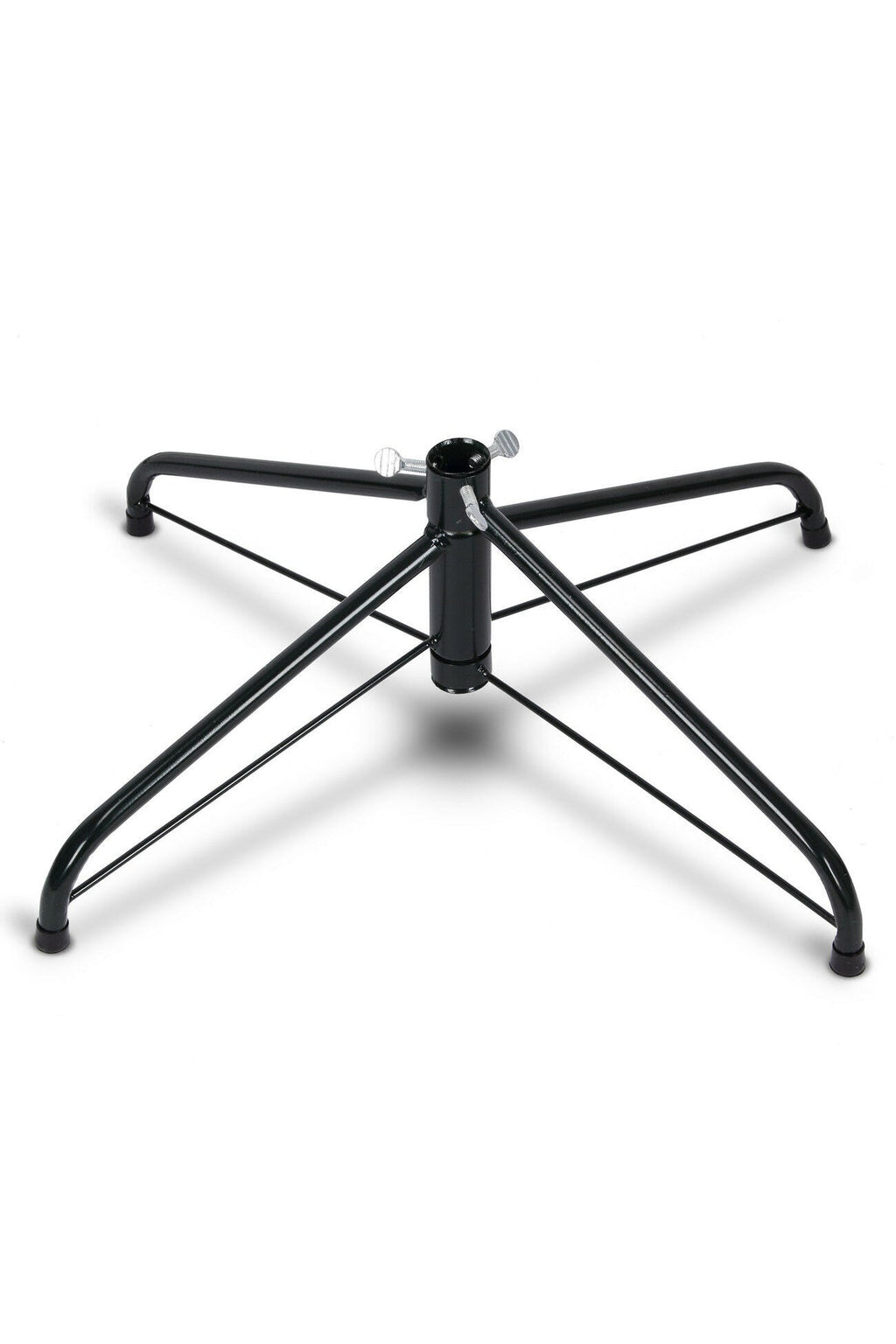 Black metal tree stand with central hub and four curved legs
