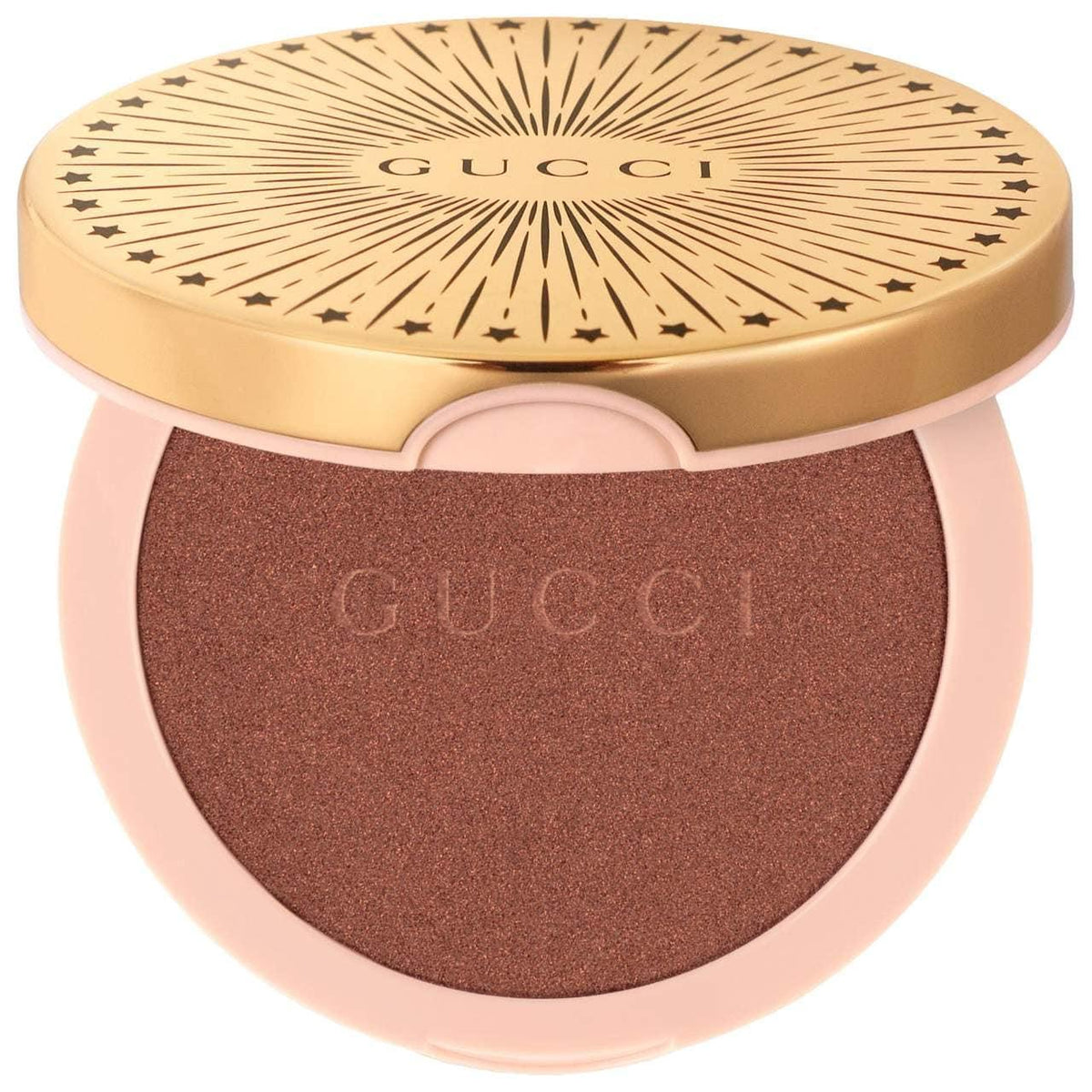 Gucci glow illuminating gel-powder highlighter compact with gold lid and dark bronze powder.
