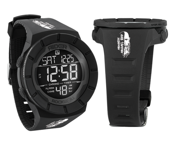 Black digital sport watch with chrono-timer display and rugged strap
