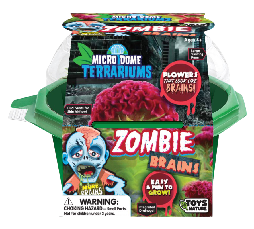 Zombie brains micro dome terrarium kit in green plastic with illustrated packaging and clear dome.