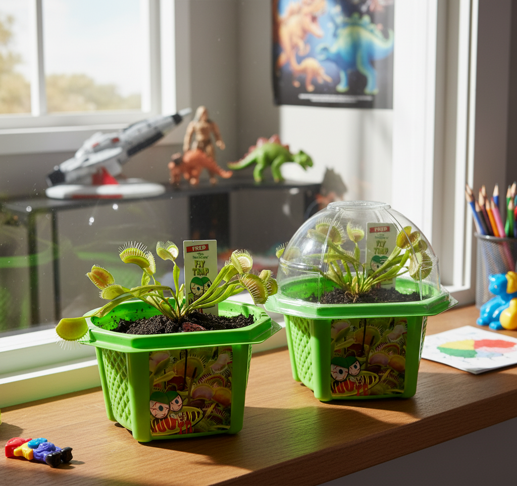 Green flytrap terrarium kits, one open and one covered with a clear dome