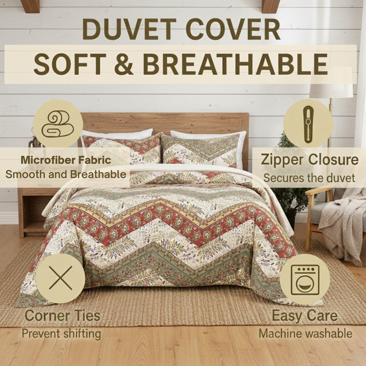 Floral chevron duvet cover set with zipper closure and corner ties, red sage beige