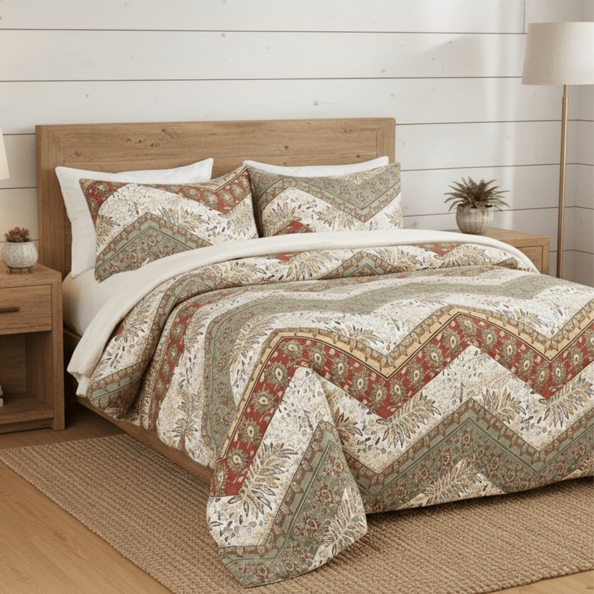Floral chevron duvet cover set with matching pillow covers, red sage and beige pattern
