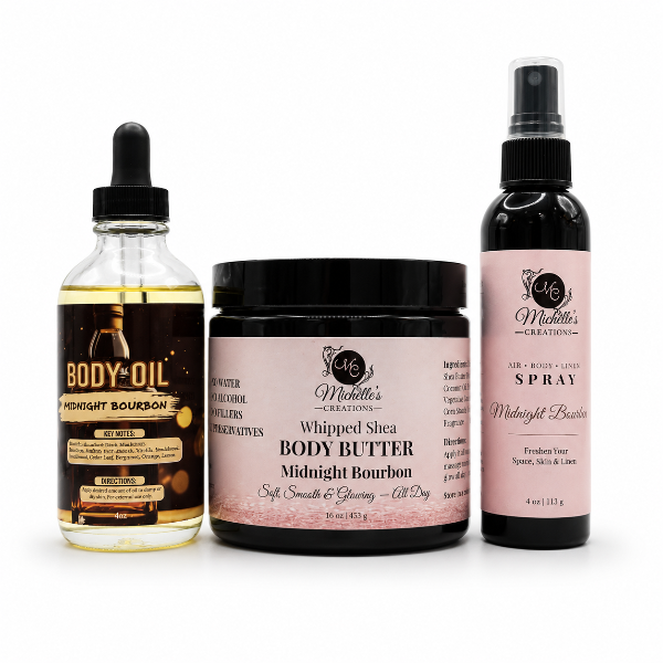 Body care gift set with body oil, whipped shea butter, and air spray—Midnight Bourbon