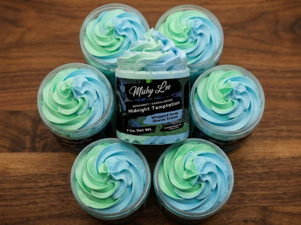 Set of small Mishy Lee whipped shave cream jars with mint and blue swirl tops