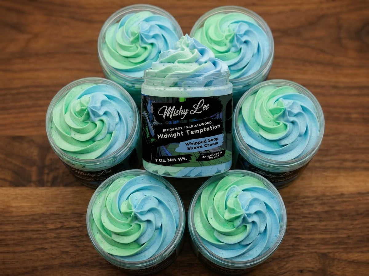 Set of small Mishy Lee whipped shave cream jars with mint and blue swirl tops