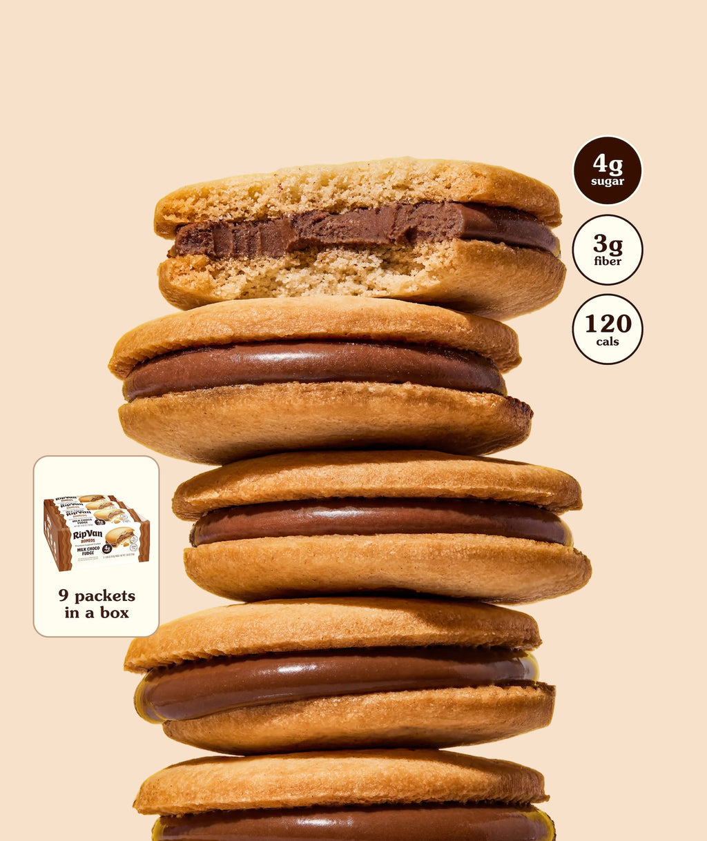 Milk choco fudge cookie stack with nutrition badges; 9 packets in box