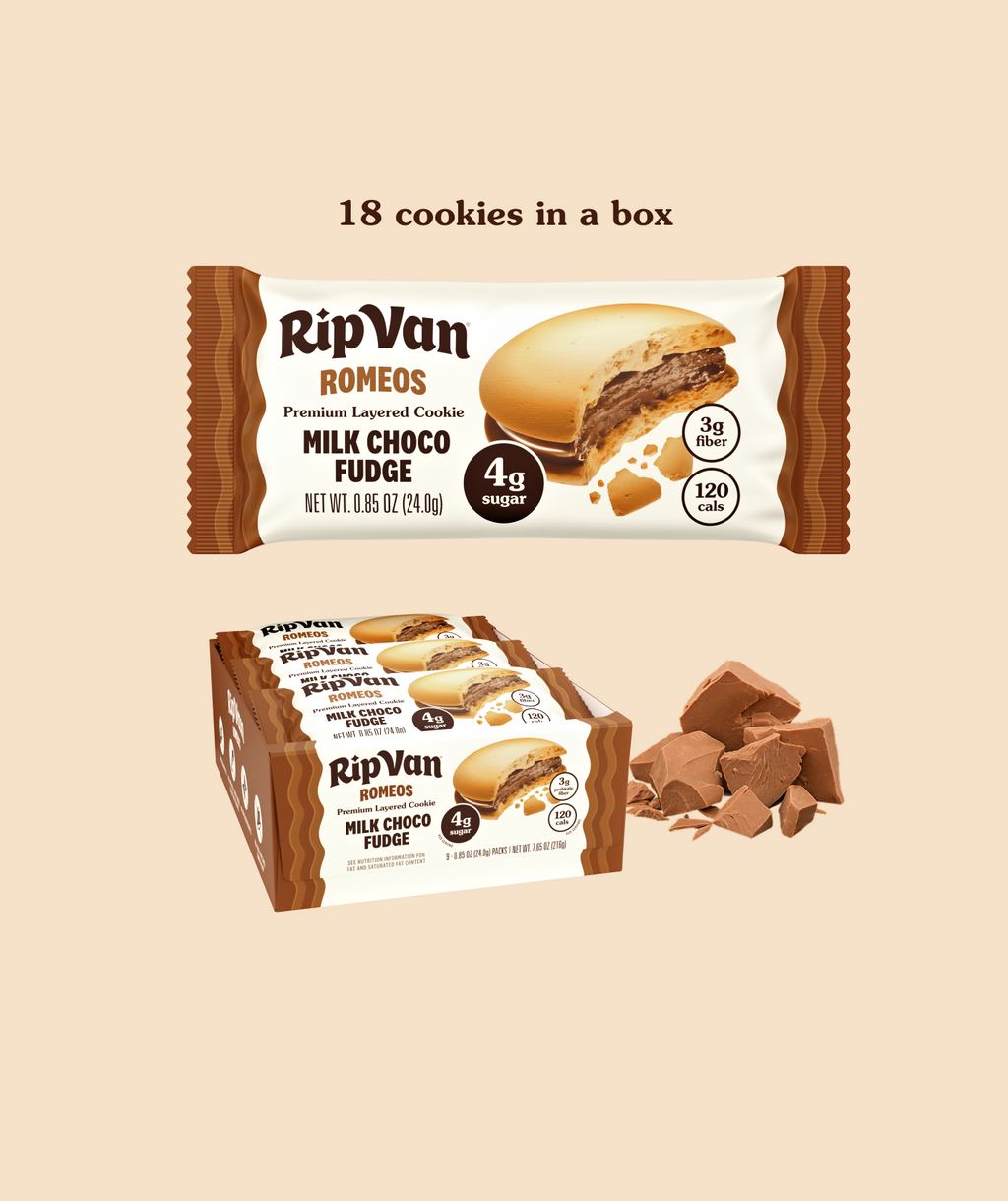 RipVan ROMEOS milk choco fudge cookie packet, 18 cookies in box, with chocolate chunks