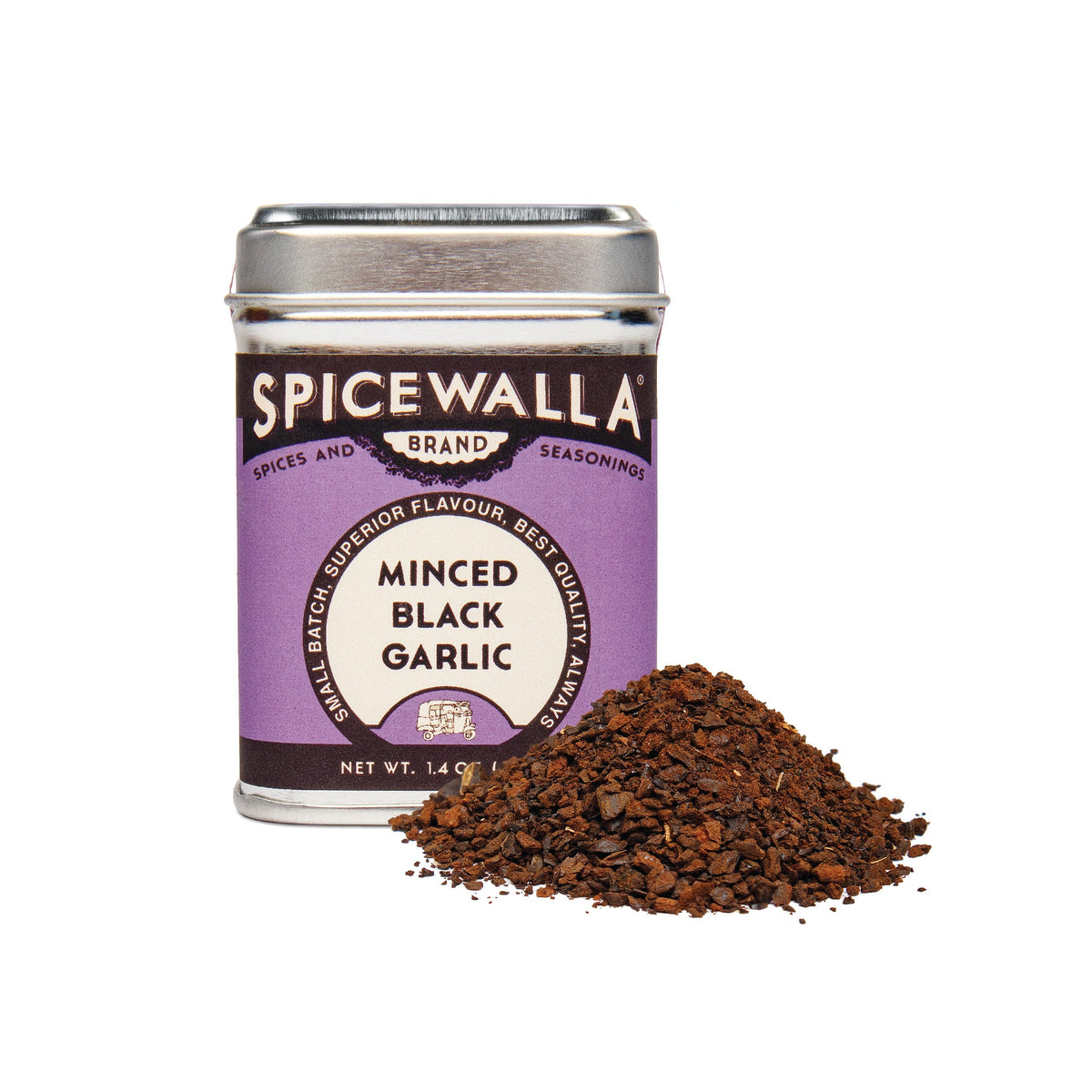 Spicewala minced black garlic seasoning jar with a mound of minced seasoning