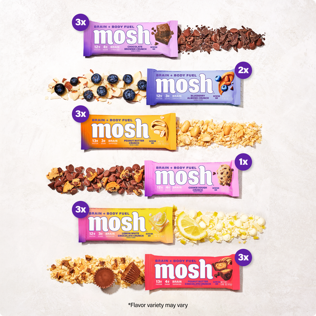 Assorted mosh bars lineup in purple, orange, and red wrappers