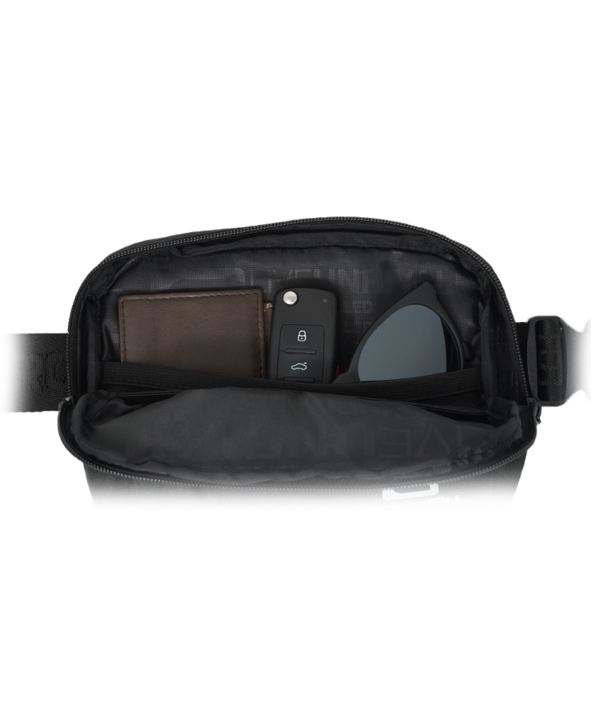 Mini fanny pack interior with black lining, card slots, mesh pocket, zipper