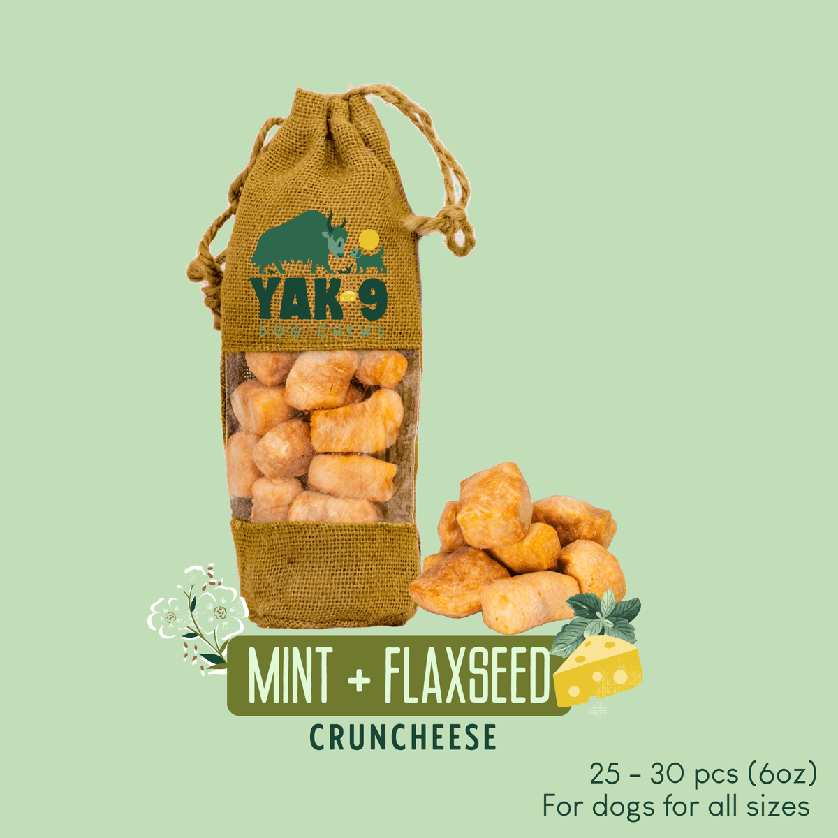 Yak 9 dog chews pouch with crunchy bites, Mint + Flaxseed flavor, cloth drawstring bag