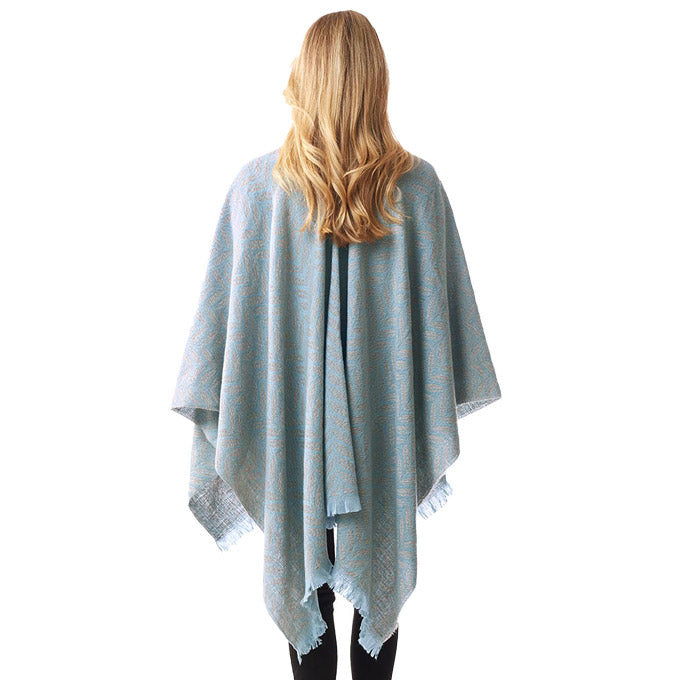 Leaf patterned poncho shawl wrap, mint blue, back view with fringed hem