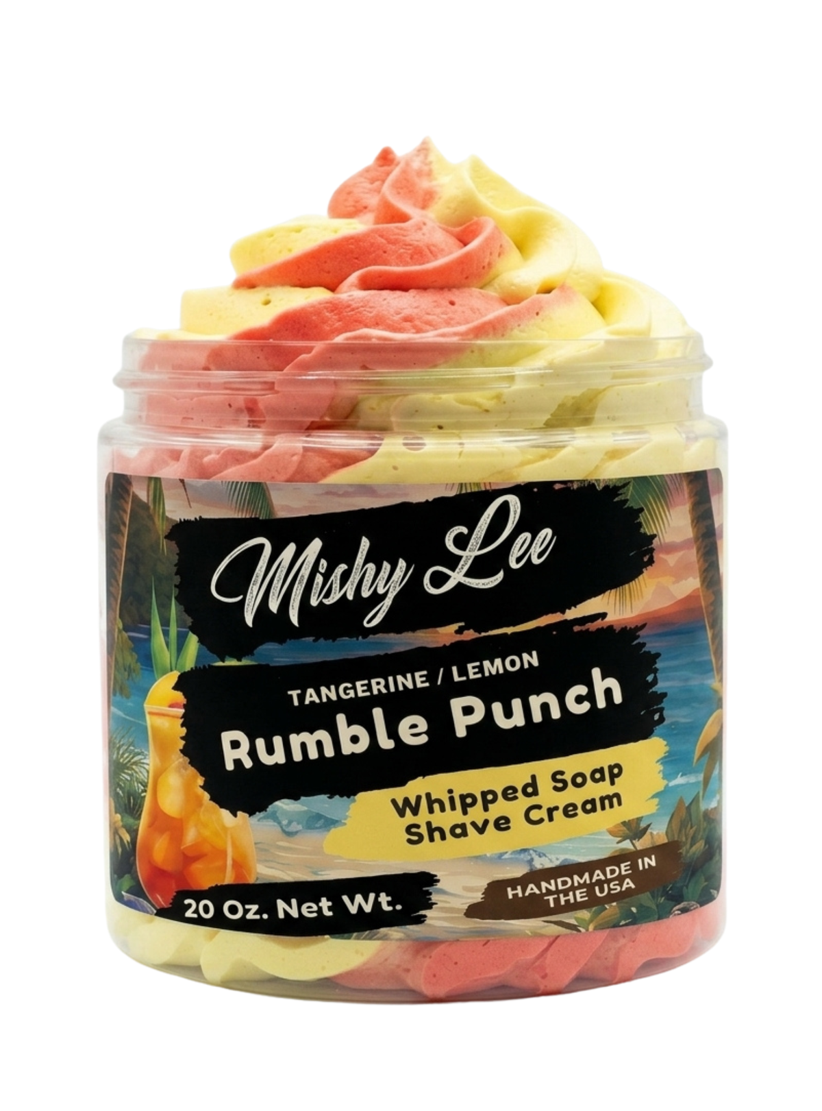 Whipped soap and shave cream jar with tangerine lemon label and pink-yellow whipped swirls