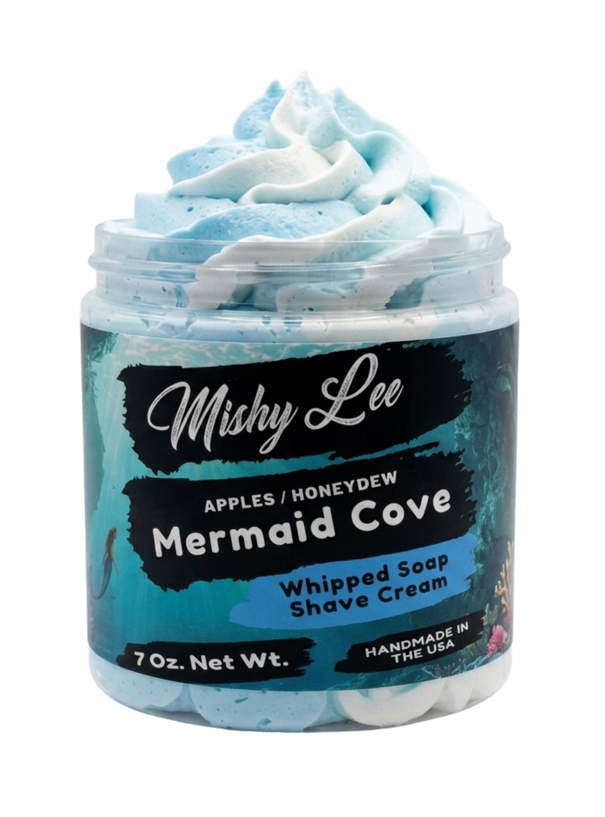 Light blue whipped soap and shave cream in a clear jar with blue swirl top.