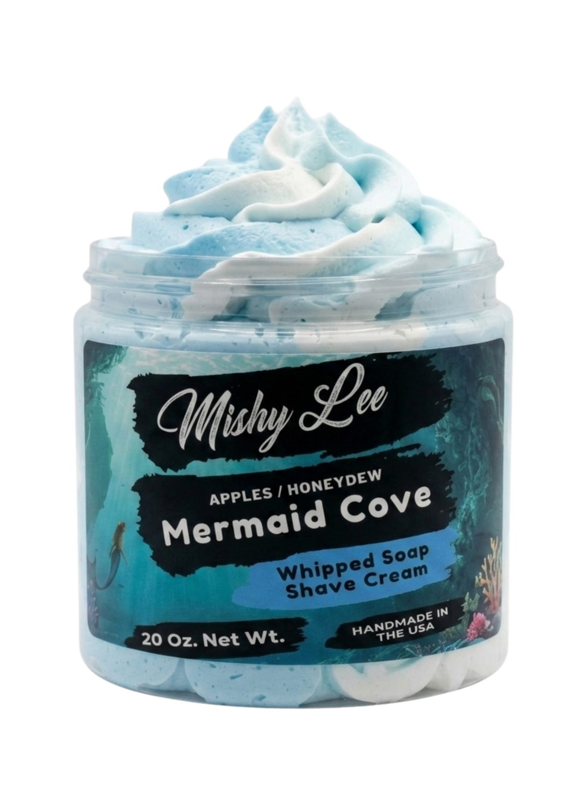 Light blue whipped soap and shave cream jar with black Mermaid Cove label.