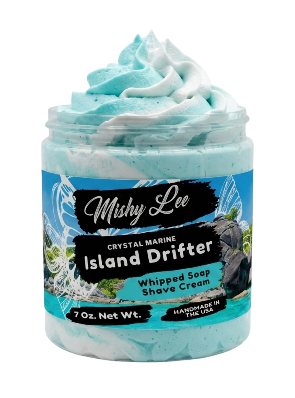 Whipped soap and shave cream jar with turquoise foam, Mishy Lee Island Drifter label