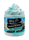 Whipped soap and shave cream jar with turquoise foam, Mishy Lee Island Drifter label