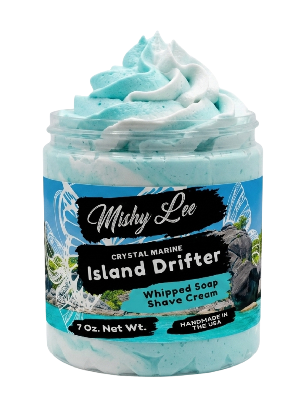 Whipped soap and shave cream jar with turquoise foam, Mishy Lee Island Drifter label