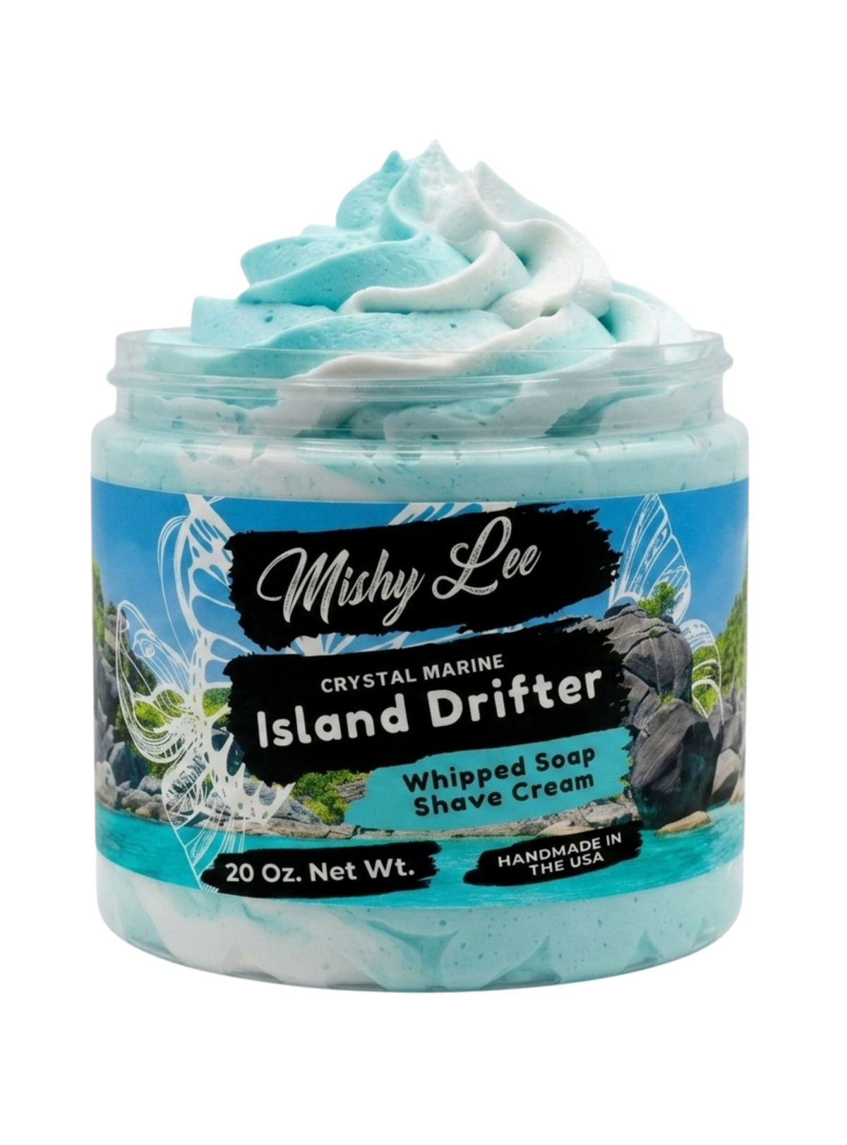 Whipped soap and shave cream jar with turquoise foam and Island Drifter label, 20 oz net wt