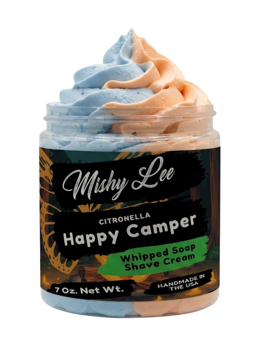 Happy Camper whipped soap and shave cream jar with blue and peach swirled top