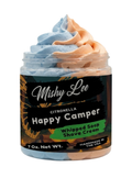 Happy Camper whipped soap and shave cream jar with blue and peach swirled top