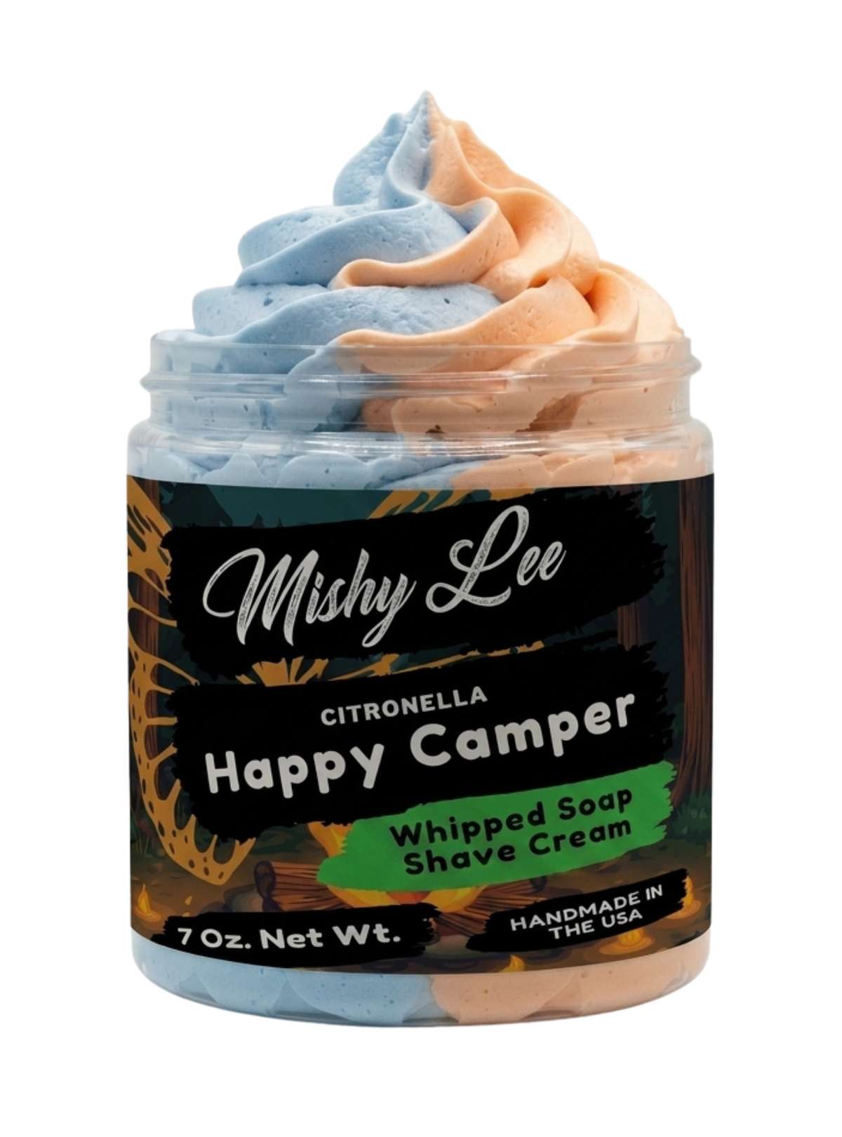 Happy Camper whipped soap and shave cream jar with blue and peach swirled top