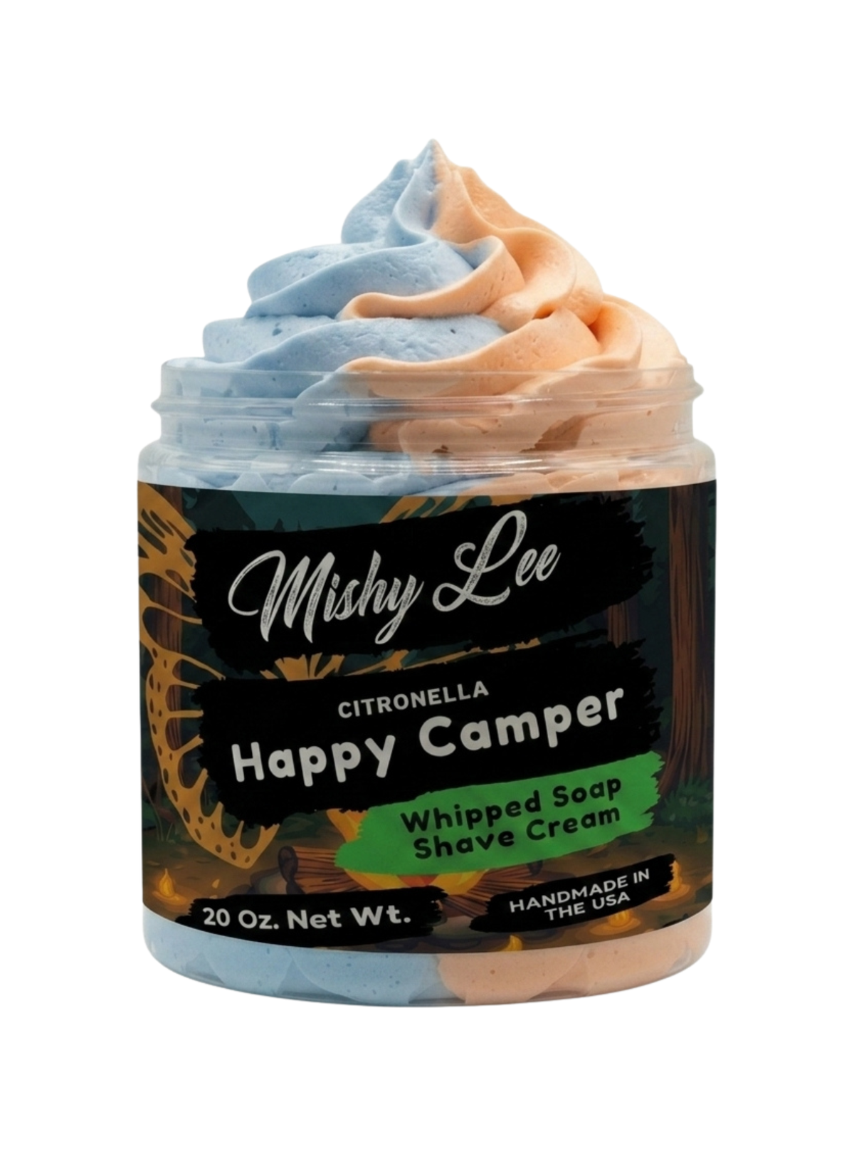 Happy Camper whipped soap and shave cream jar with blue and peach swirled top
