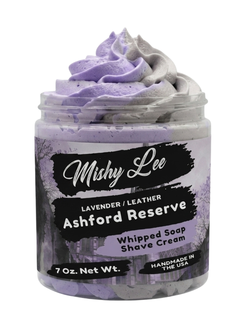 Purple and gray whipped soap/shave cream jar, lavender-leather scent, 7 oz