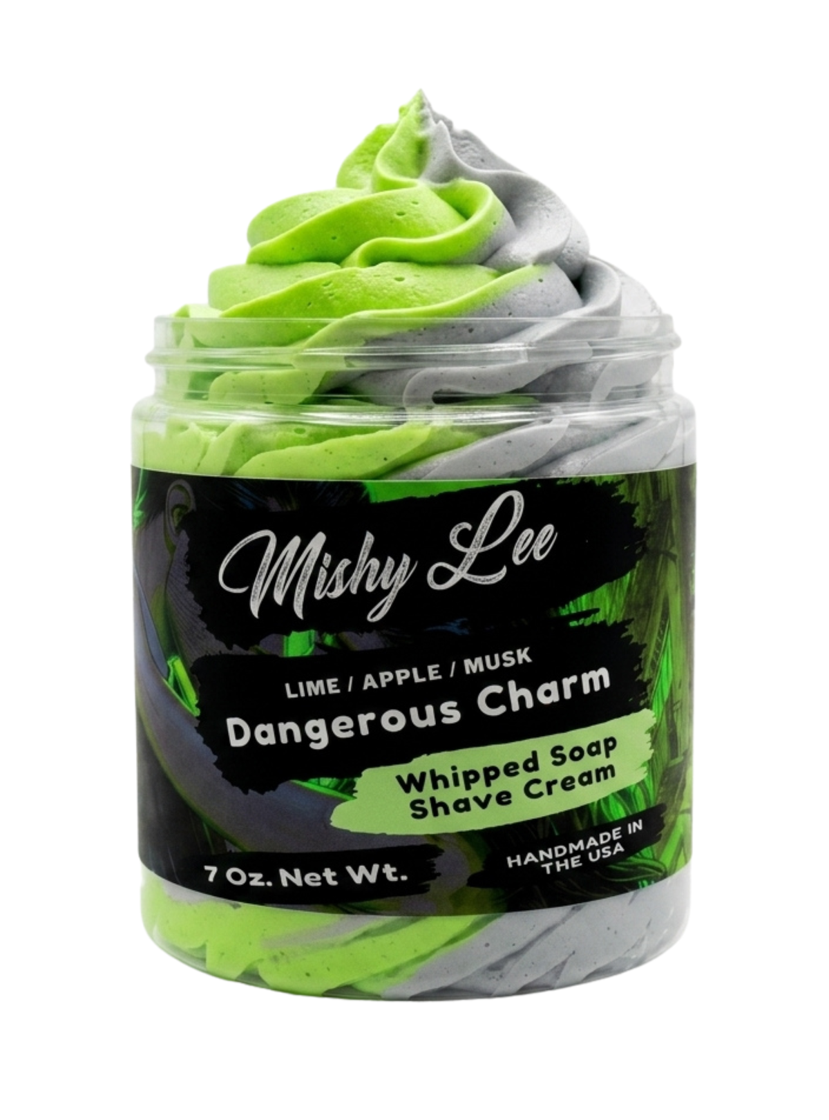 Whipped soap and shave cream jar with lime-green and gray whipped swirl layers