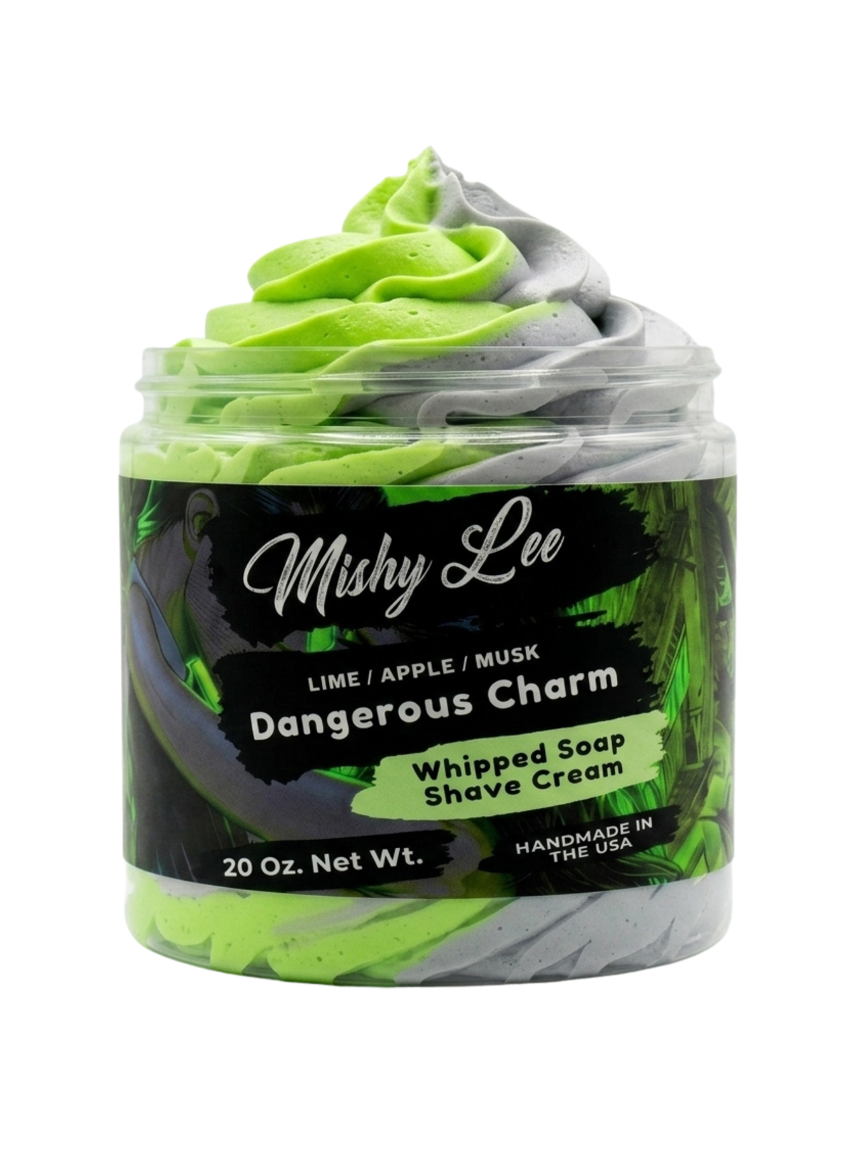 Whipped soap and shave cream jar with lime-green and gray swirl, 20 oz net wt