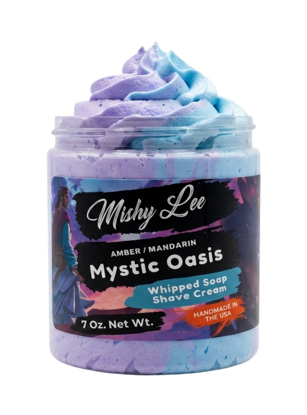 Front view whipped shave cream jar with purple and blue swirl, 7 oz.