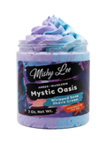 Front view whipped shave cream jar with purple and blue swirl, 7 oz.
