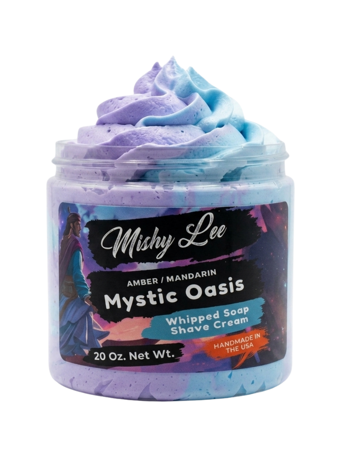 Whipped shave cream jar with purple and blue swirl, 20 oz net wt.